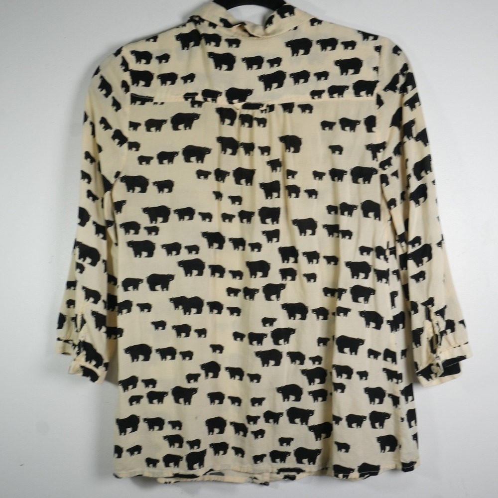 Maeve Bear Print Blouse Women 6 Cream Black Anthropologie Button Down 3/4 Sleeve - Picture 8 of 9